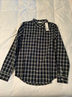 Janie and Jack Navy, Green and White Plaid Button-Up Shirt
